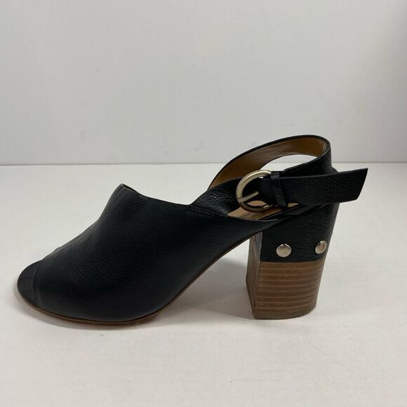 Marc Fisher Leather Sling back Stack Heels Peep toe Black Shoes 9.5M - Picture 1 of 8